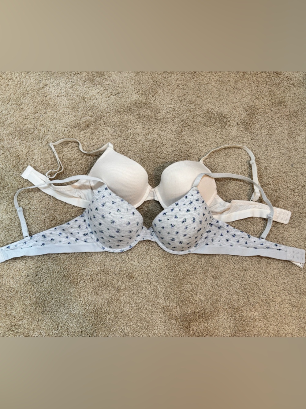 Laura Ashley Light Gray / Blue Floral Printed and Cream Push-up Bras - 2 Pack
